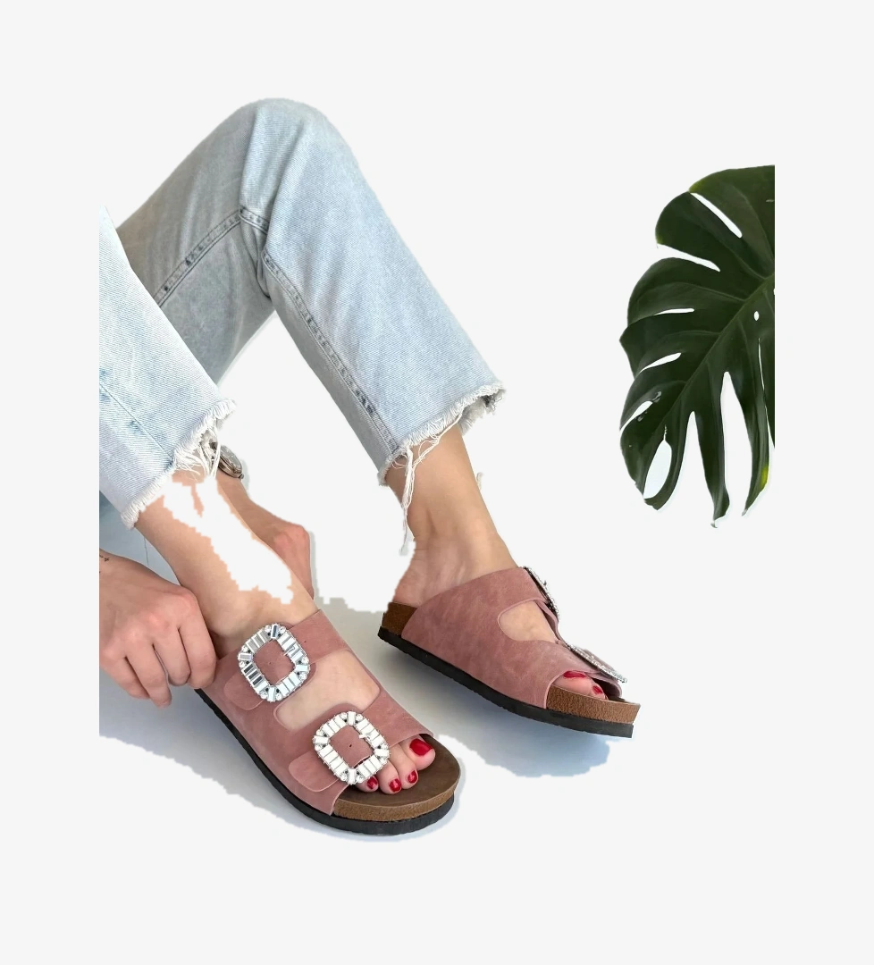 Pabucmarketi Kadın Yeşil Pudra Nubuk Suni Deri Terlik model görseli