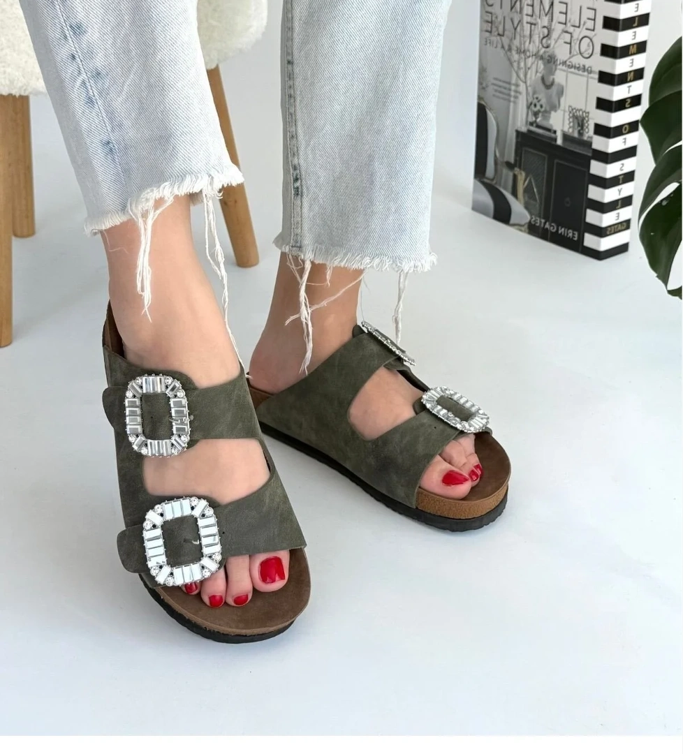 Kadın Yeşil Nubuk Suni Deri Terlik