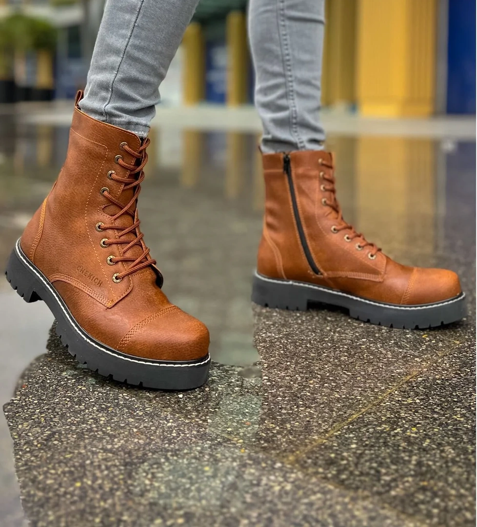 Fermuarlı Bağcık Detaylı Erkek Worker Bot Taba