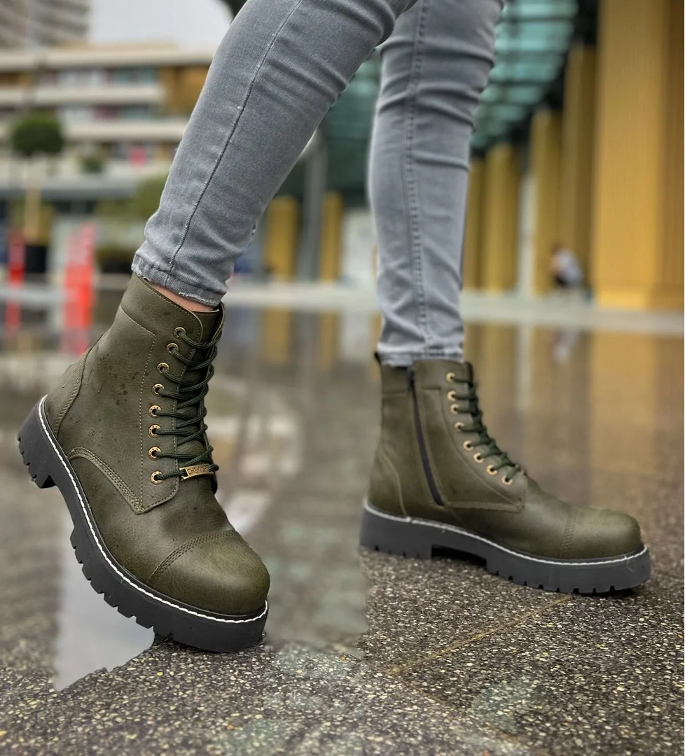 Fermuarlı Bağcık Detaylı Erkek Worker Bot Haki