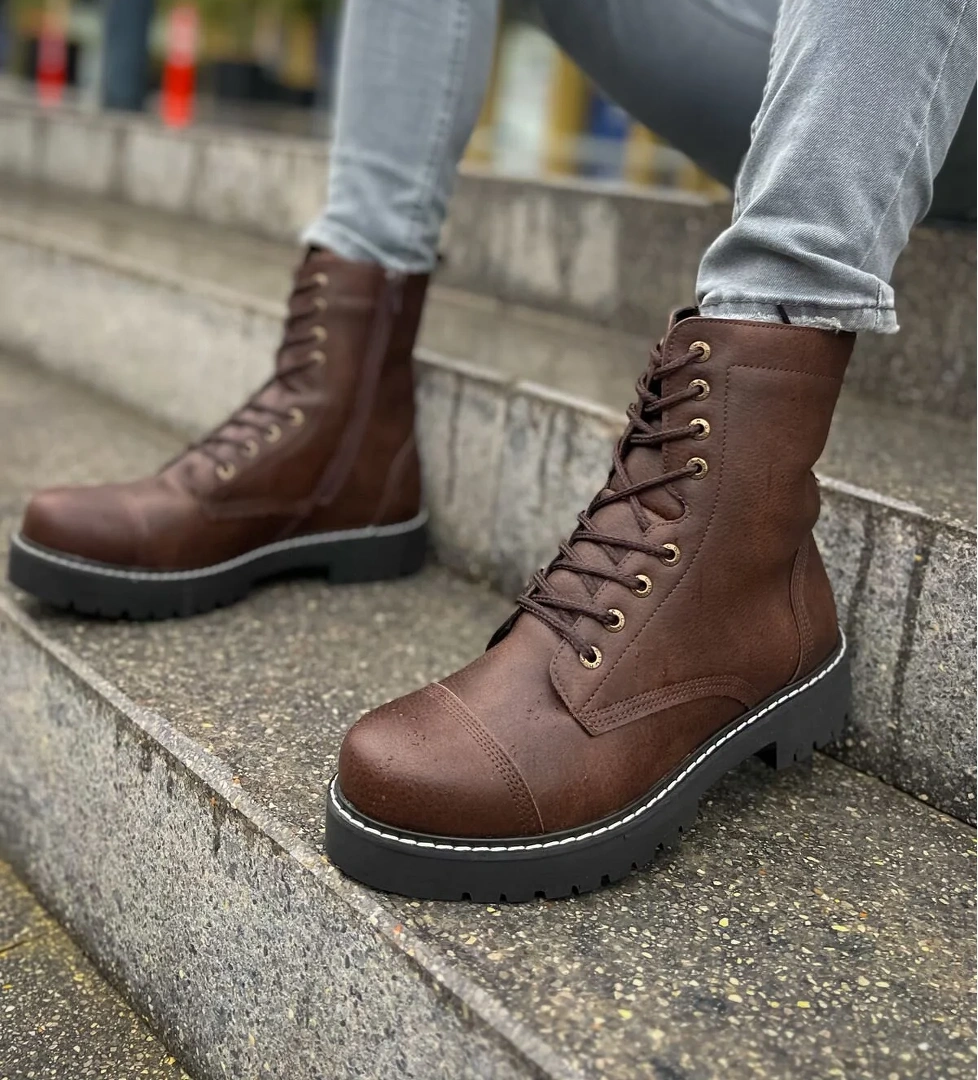 Fermuarlı Bağcık Detaylı Erkek Worker Bot Kahve - Görsel 1