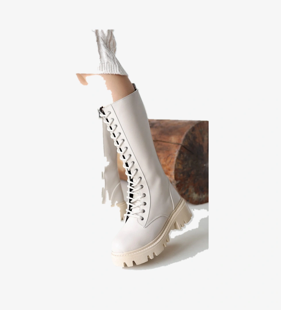 Pabucmarketi Kadın Bej Suni Deri Bağcıklı Çizme model görseli