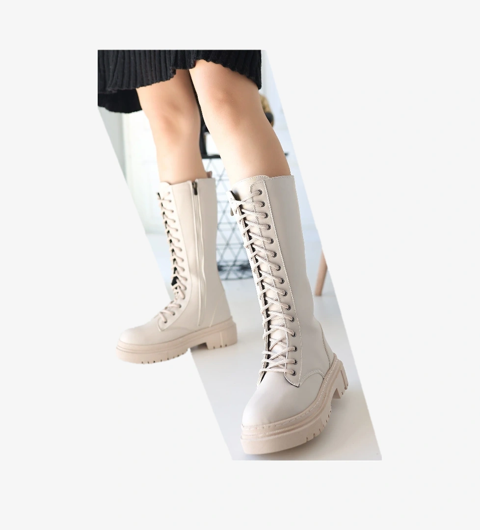 Pabucmarketi Bej Suni Deri Bağcıklı Kadın Çizme model görseli