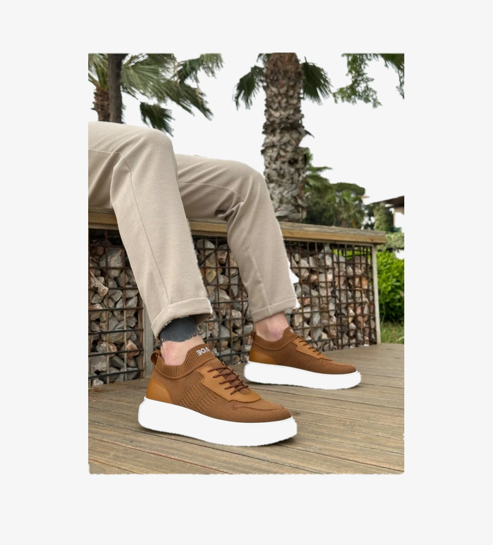 Pabucmarketi Bağcık Detaylı Triko Erkek Spor Ayakkabı TABA (BEYAZ TABAN) model görseli