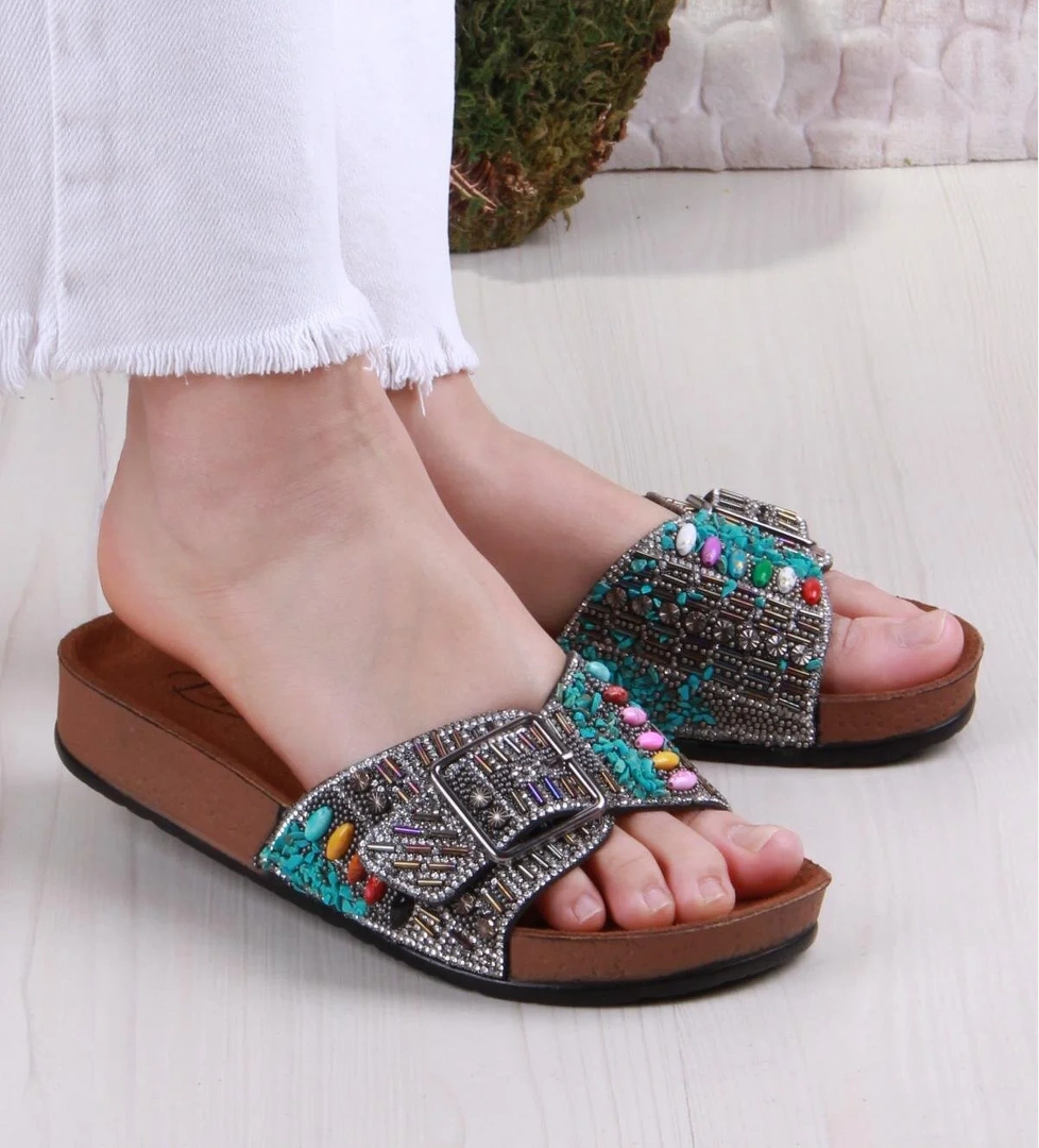 Pienn 20050 Anatomik Rahat Taşlı Boncuklu Tek Tokalı Kadın Terlik