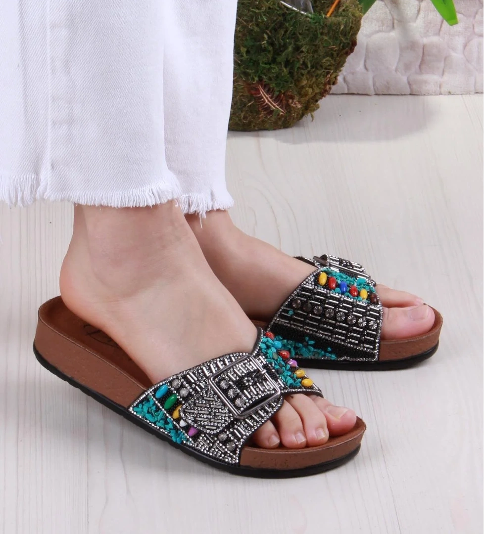 Pienn 20050 Anatomik Rahat Taşlı Boncuklu Tek Tokalı Kadın Terlik - Görsel 1