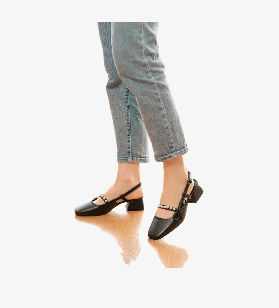 Melody Siyah Fiyonklu İnci Detaylı (4 cm Topuklu ) Yuvarlak Burunlu Günlük Kullanım Ayakkabı - Görsel 1