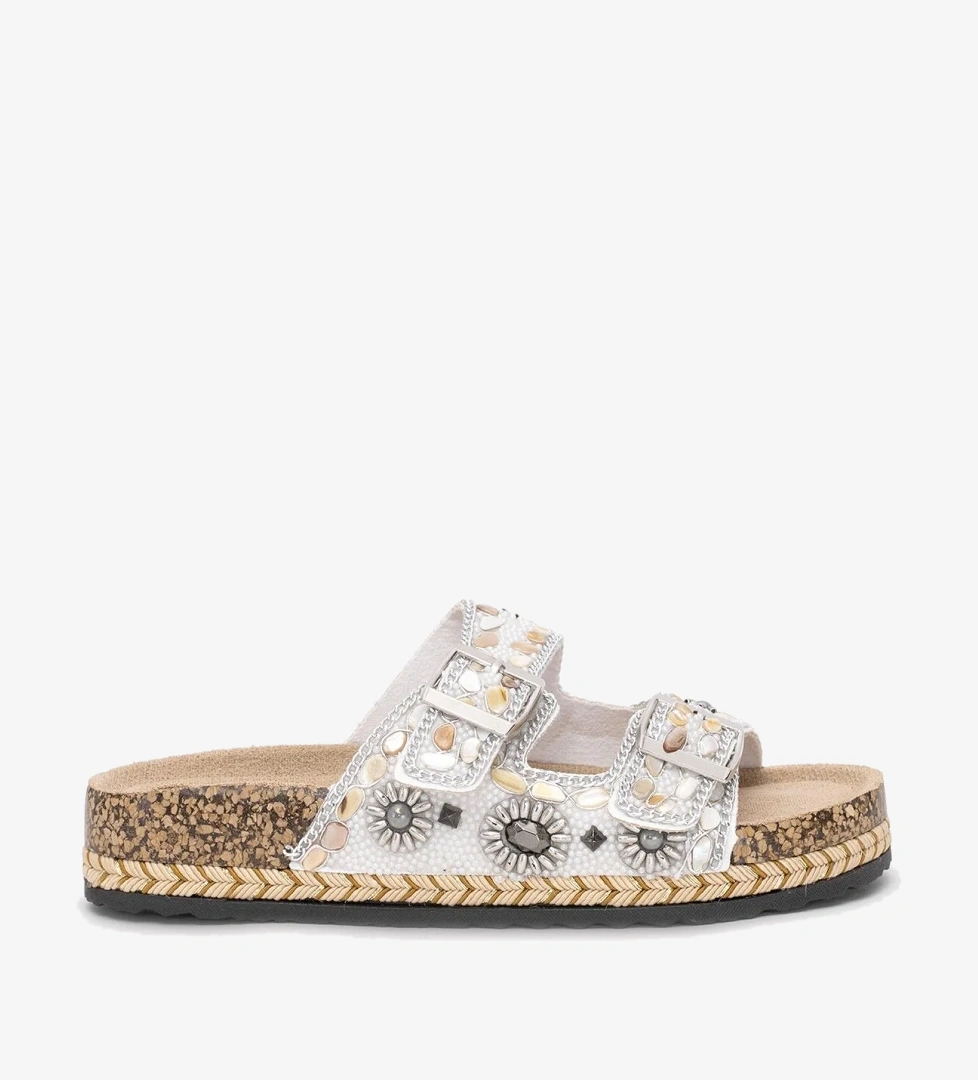 25Y183-1 Kadın Taşlı Düz Terlik Gümüş - Görsel 1