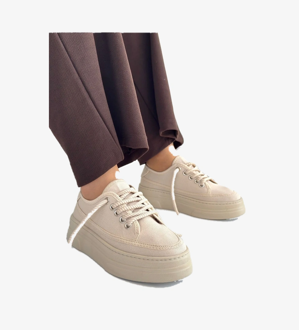 Bej Keten Bağcıklı Kadın Spor Ayakkabı