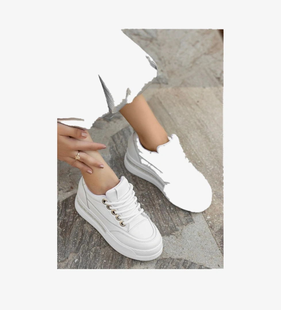 Beyaz Suni Deri Bağcıklı Kadın Sneaker Ayakkabı