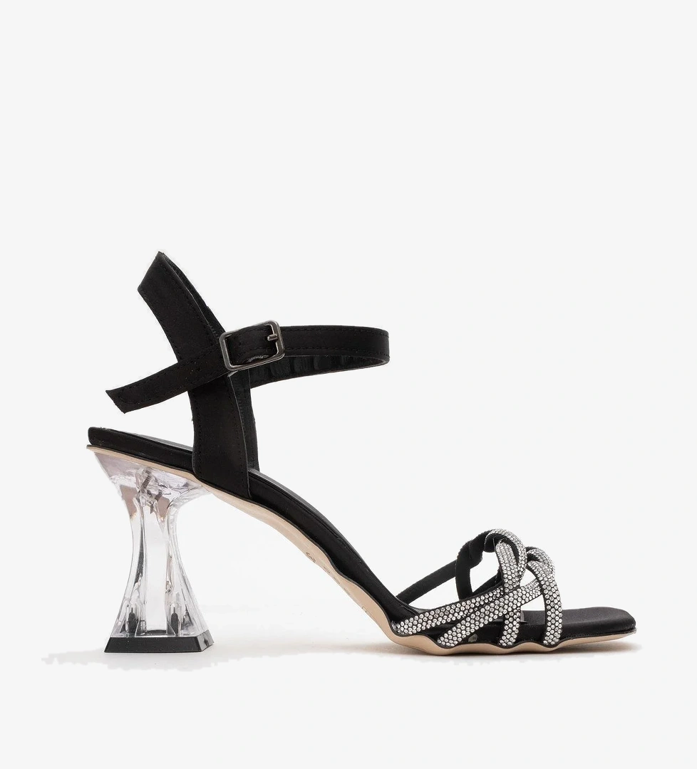 Ccway Kadın Taşlı Topuklu Sandalet Gümüş Si̇yah Ayna Saten model görseli