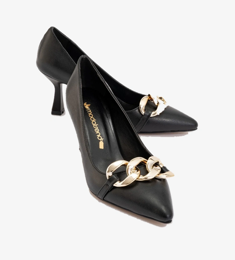 Ccway Kadın Zincirli Topuklu Ayakkabı SİYAH CİLT model görseli