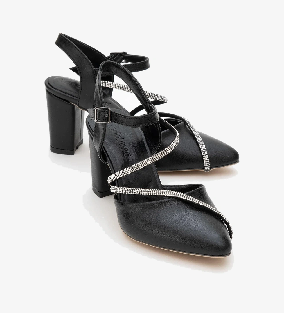 Kadın Taşlı Biyeli Topuklu Ayakkabı SİYAH CİLT