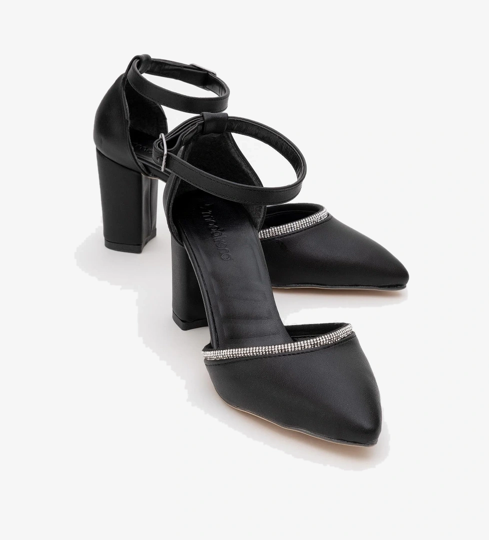 Ccway Kadın Taşlı Topuklu Ayakkabı SİYAH CİLT model görseli