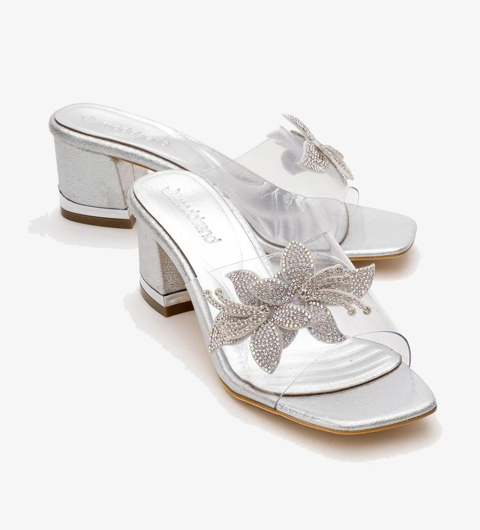 Kadın Taşlı Çiçekli Şeffaf Topuklu Terlik GÜMÜŞ - Görsel 1