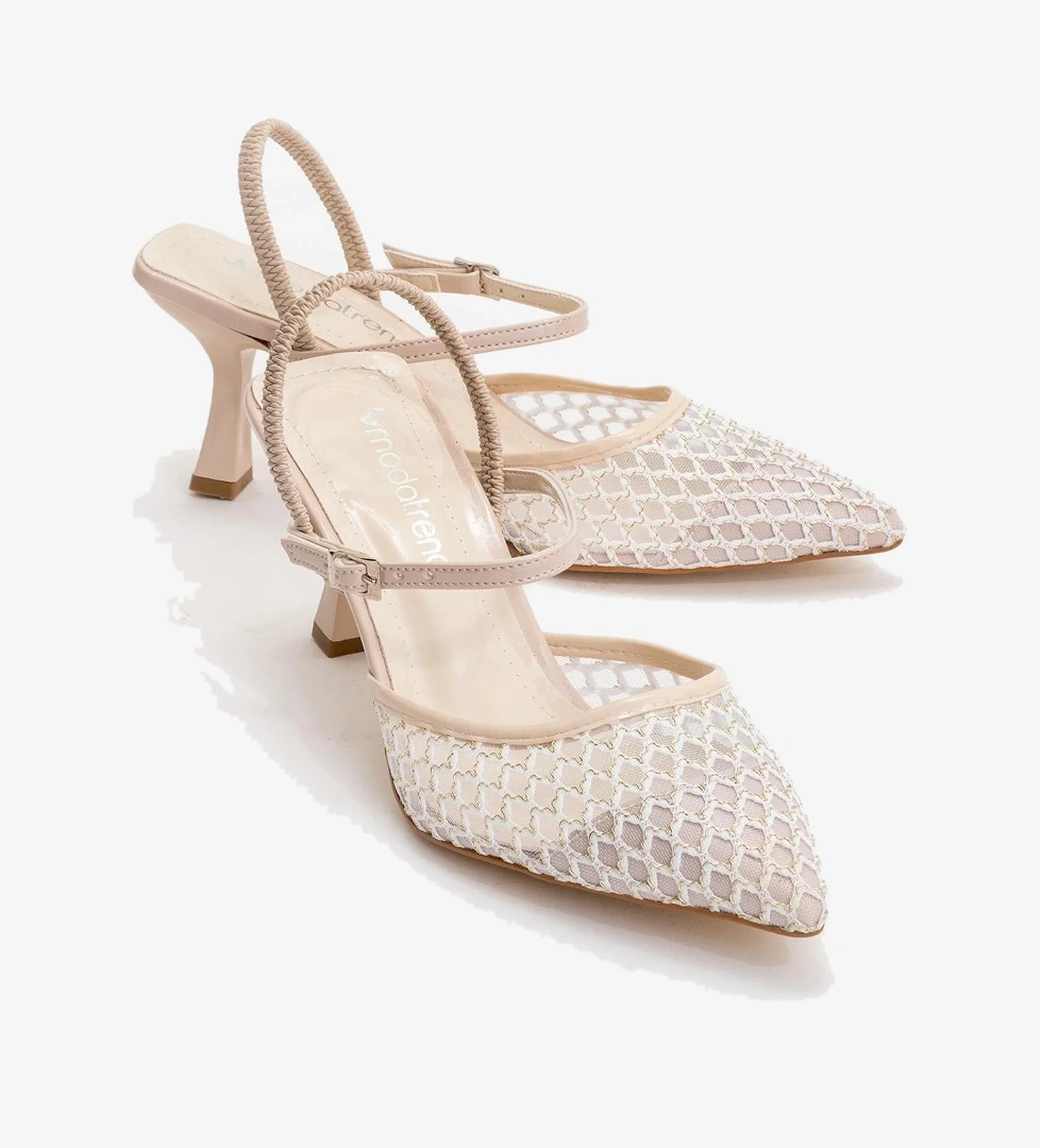 Kadın Arkası Lastikli Fileli Topuklu Ayakkabı TEN RUGAN