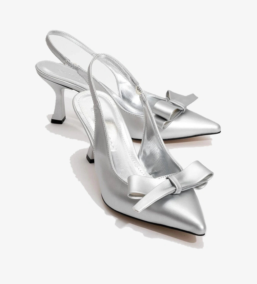 Kadın Fiyonklu Topuklu Ayakkabı GÜMÜŞ METALİK