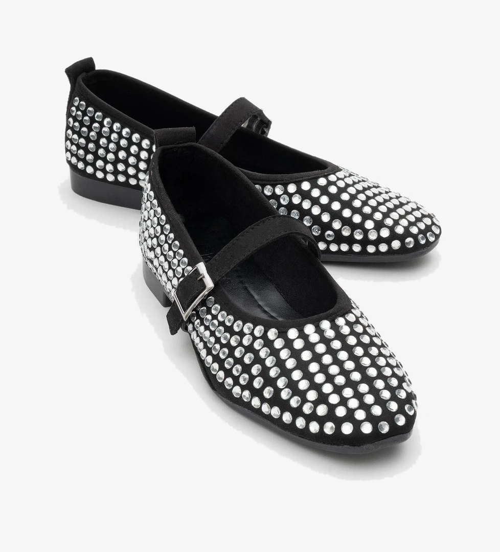 Kadın Kemerli Taşlı Küt Burunlu Babet SİYAH GÜMÜŞ