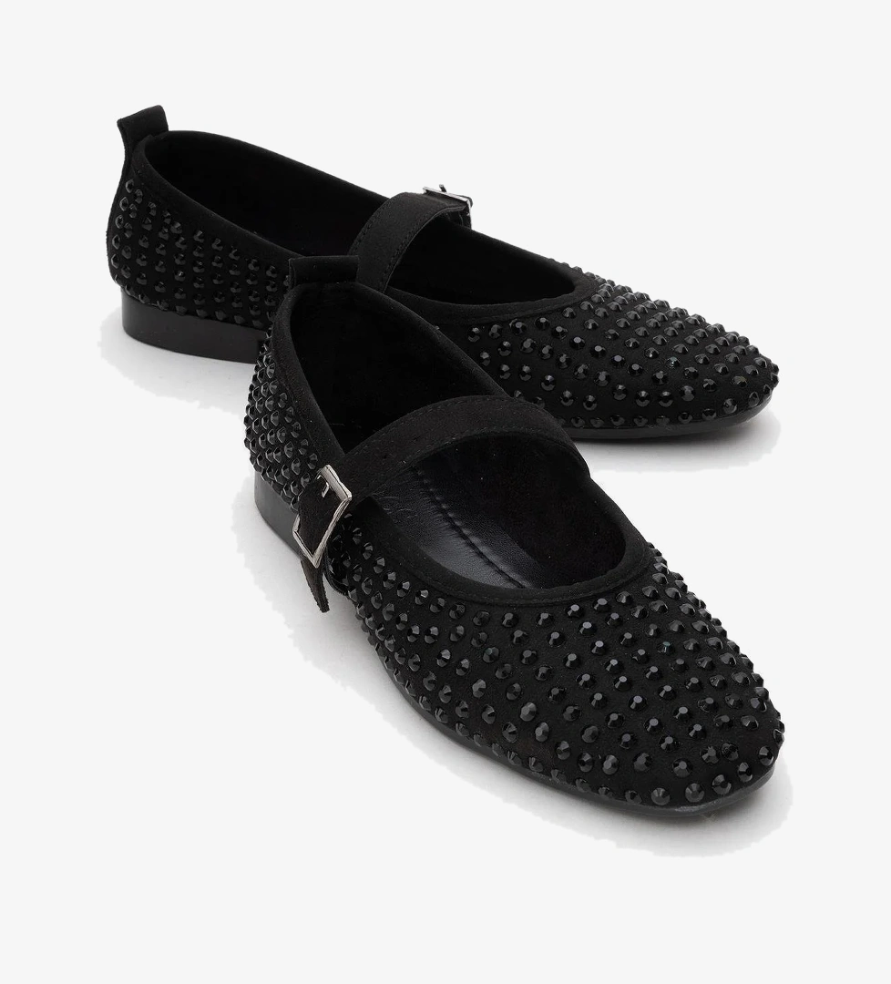 Kadın Kemerli Taşlı Küt Burunlu Babet SİYAH - Görsel 1