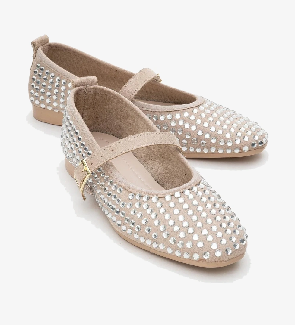 Kadın Kemerli Taşlı Küt Burunlu Babet BEJ GÜMÜŞ