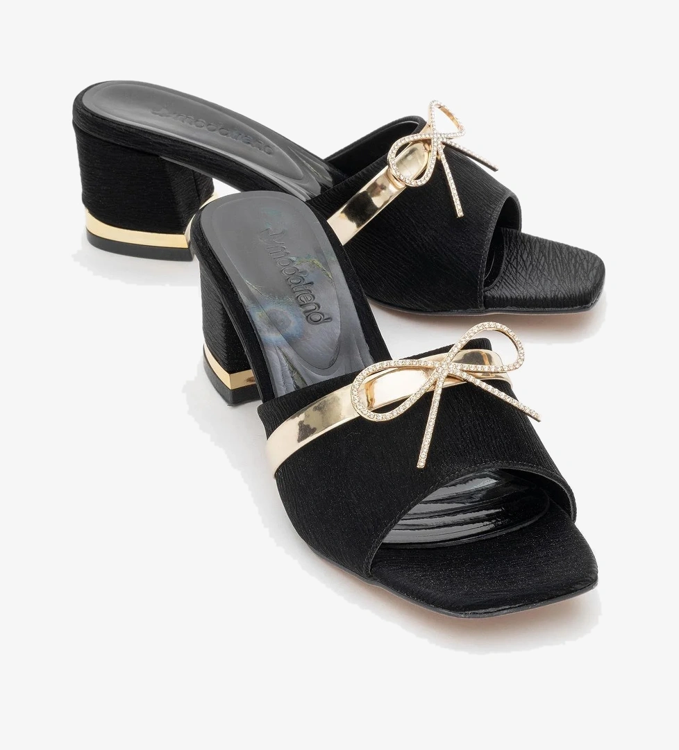 Taşlı Papyonlu Kadın Topuklu Terlik SİYAH KIRIŞIK SATEN - Görsel 1