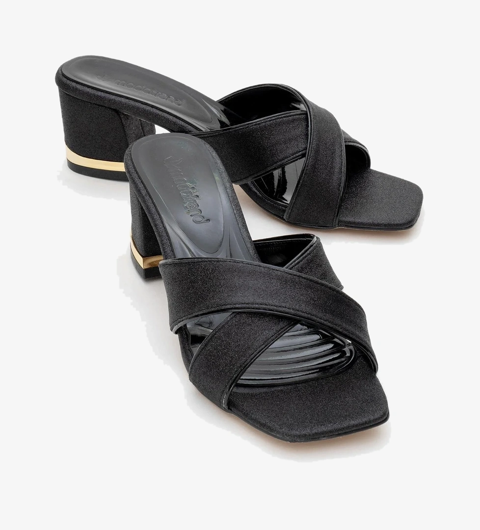 Çapraz Bantlı Kadın Topuklu Terlik SİYAH KUMSİM