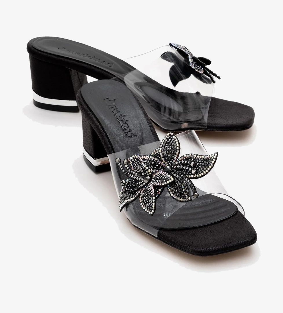 Kadın Taşlı Çiçekli Şeffaf Topuklu Terlik SİYAH