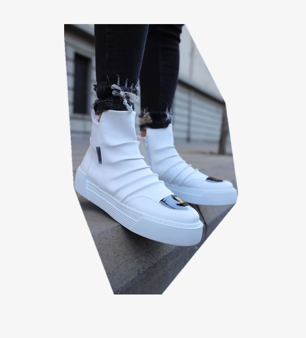 Fermuarlı Erkek Düz Bot Beyaz