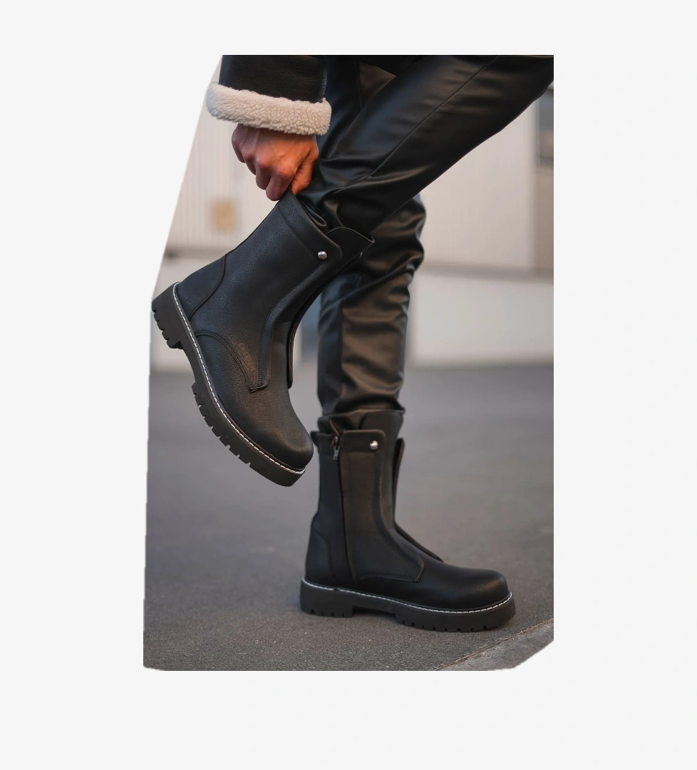 Fermuarlı Erkek Düz Bot Siyah