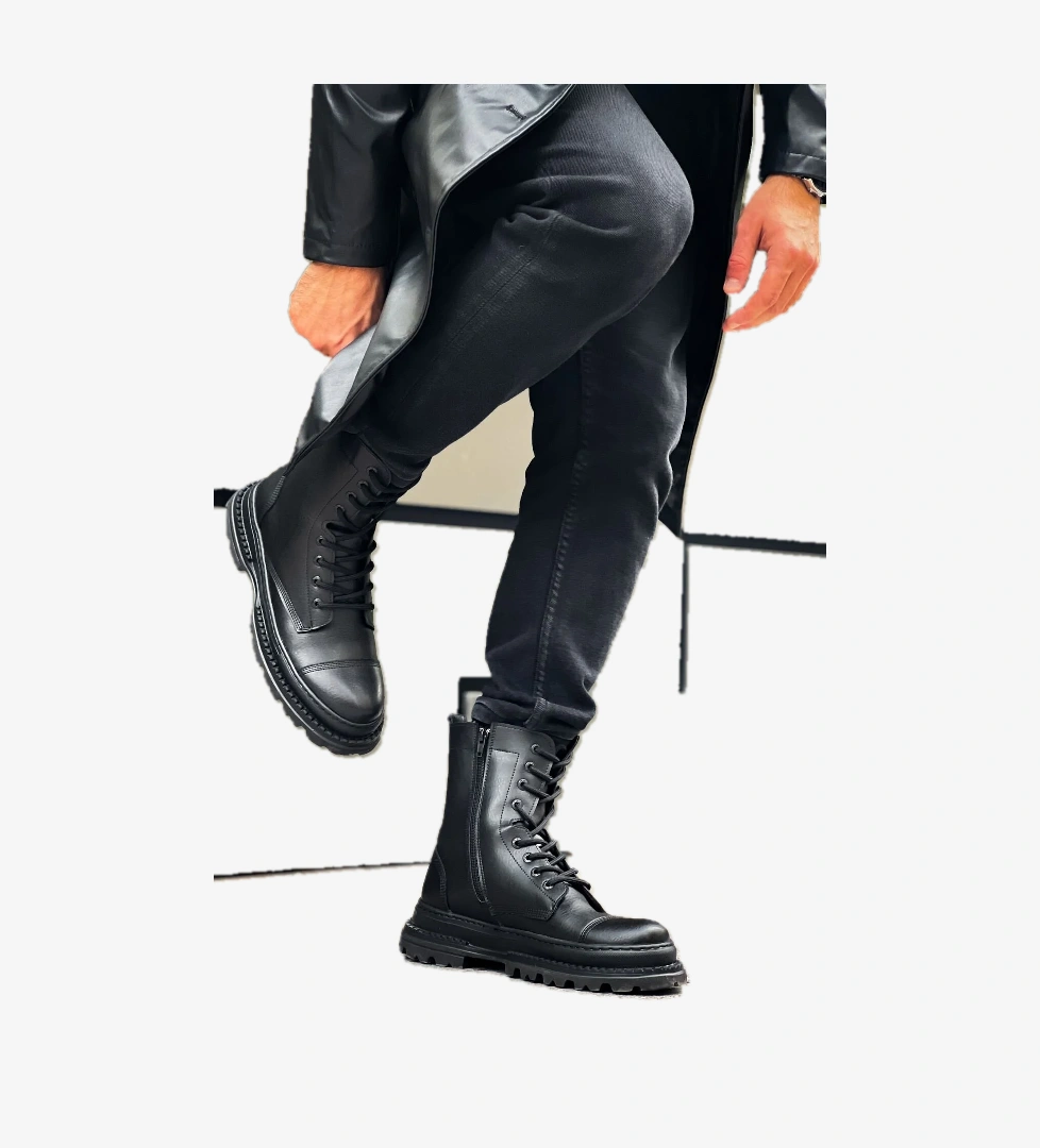 Pabucmarketi Fermuarlı Bağcık Detaylı Erkek Düz Bot Siyah model görseli