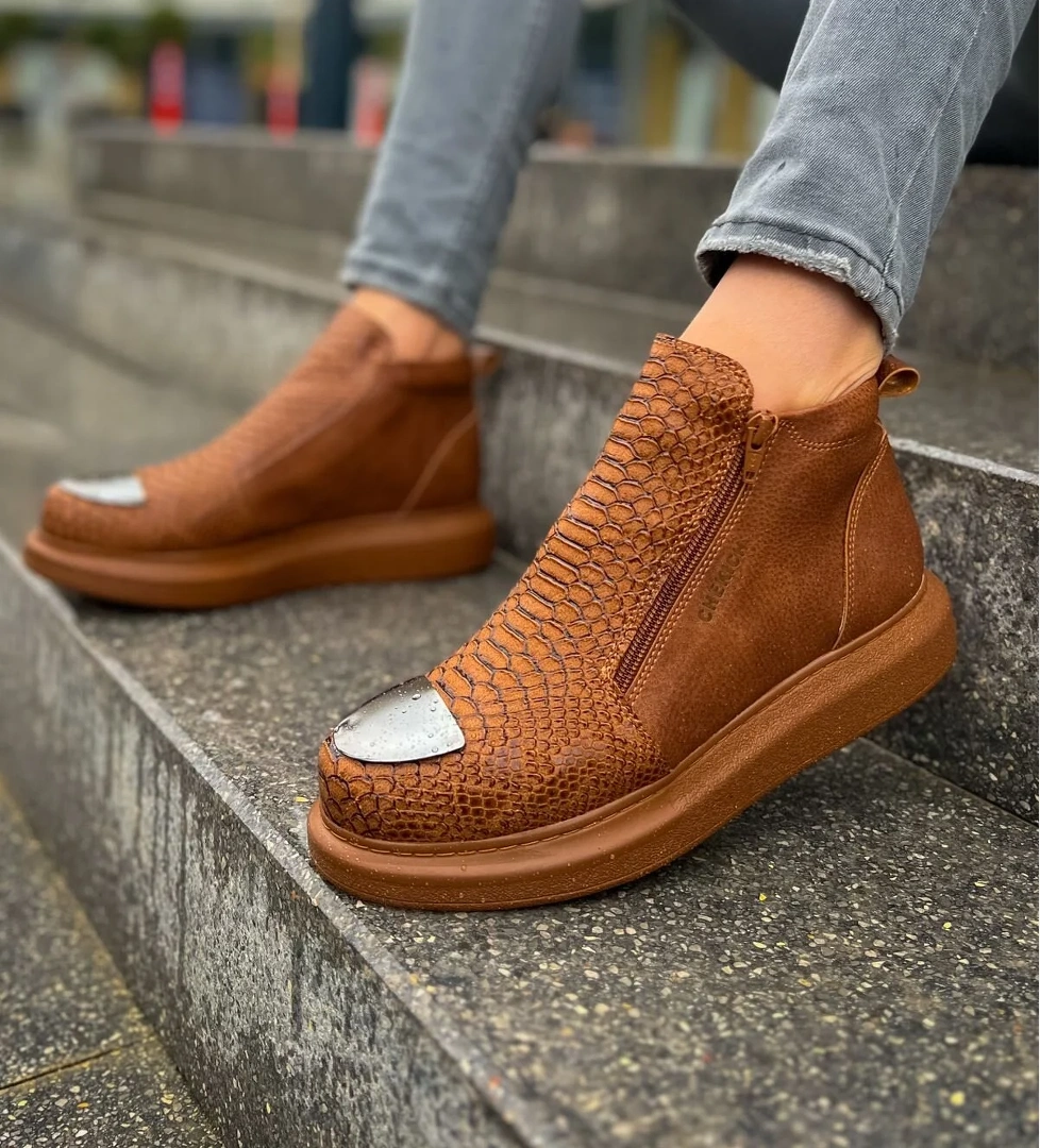 Pabucmarketi Fermuarlı Erkek Düz Bot Taba model görseli