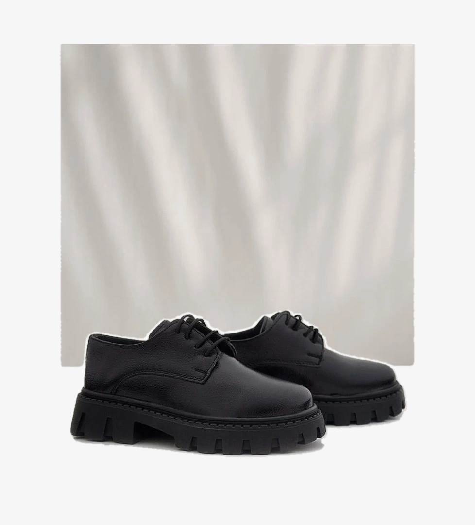 Rakerplus Siyah Kırışık Rugan Bağcıklı Kız Çocuk Oxford Okul Ayakkabı model görseli