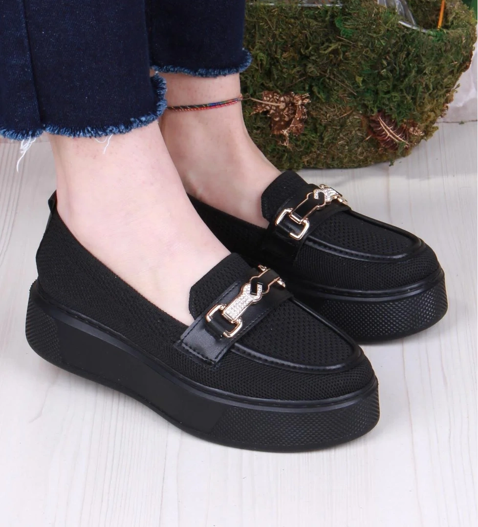 346101 Triko Toka Detaylı Kalın Taban Rahat Loafer Kadın Ayakkabı