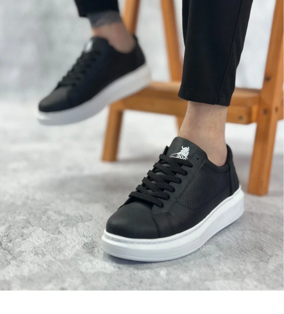 Pabucmarketi Bağcıklı Yüksek Taban Erkek Spor Ayakkabı SİYAH (BEYAZ TABAN) model görseli