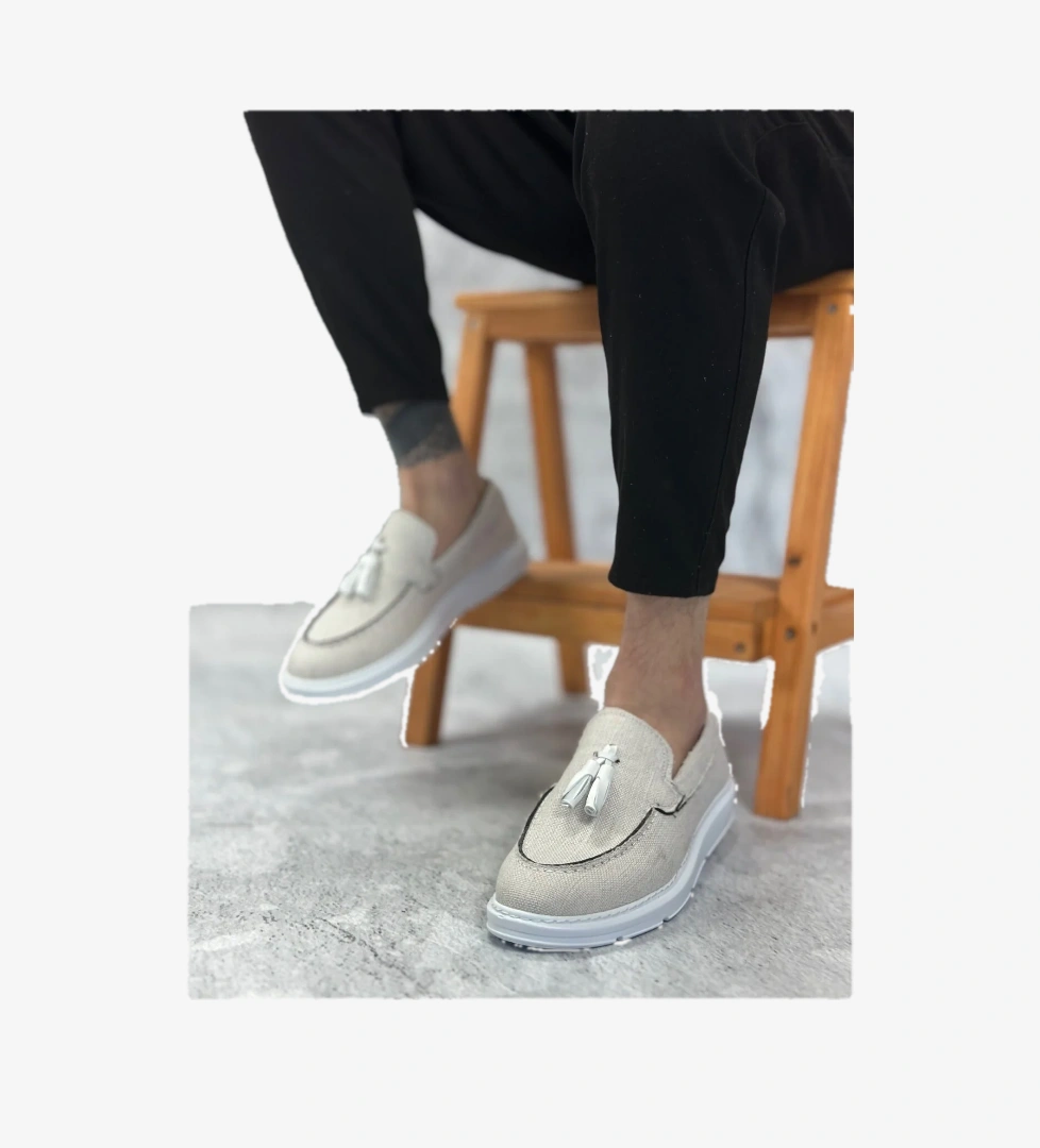 Bağcıksız Keten Püsküllü Erkek Ayakkabı BEYAZ (BEYAZ TABAN) - Görsel 1