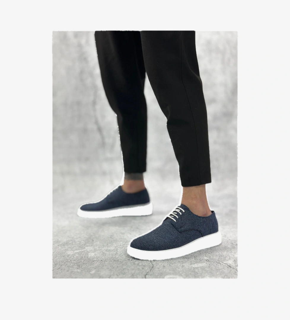 Bağcıklı Keten Casual Erkek Ayakkabı LACİVERT (BEYAZ TABAN) - Görsel 1