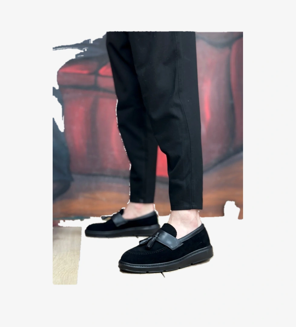 Pabucmarketi Bağcıksız Püsküllü Erkek Ayakkabı SİYAH SÜET (SİYAH TABAN) model görseli