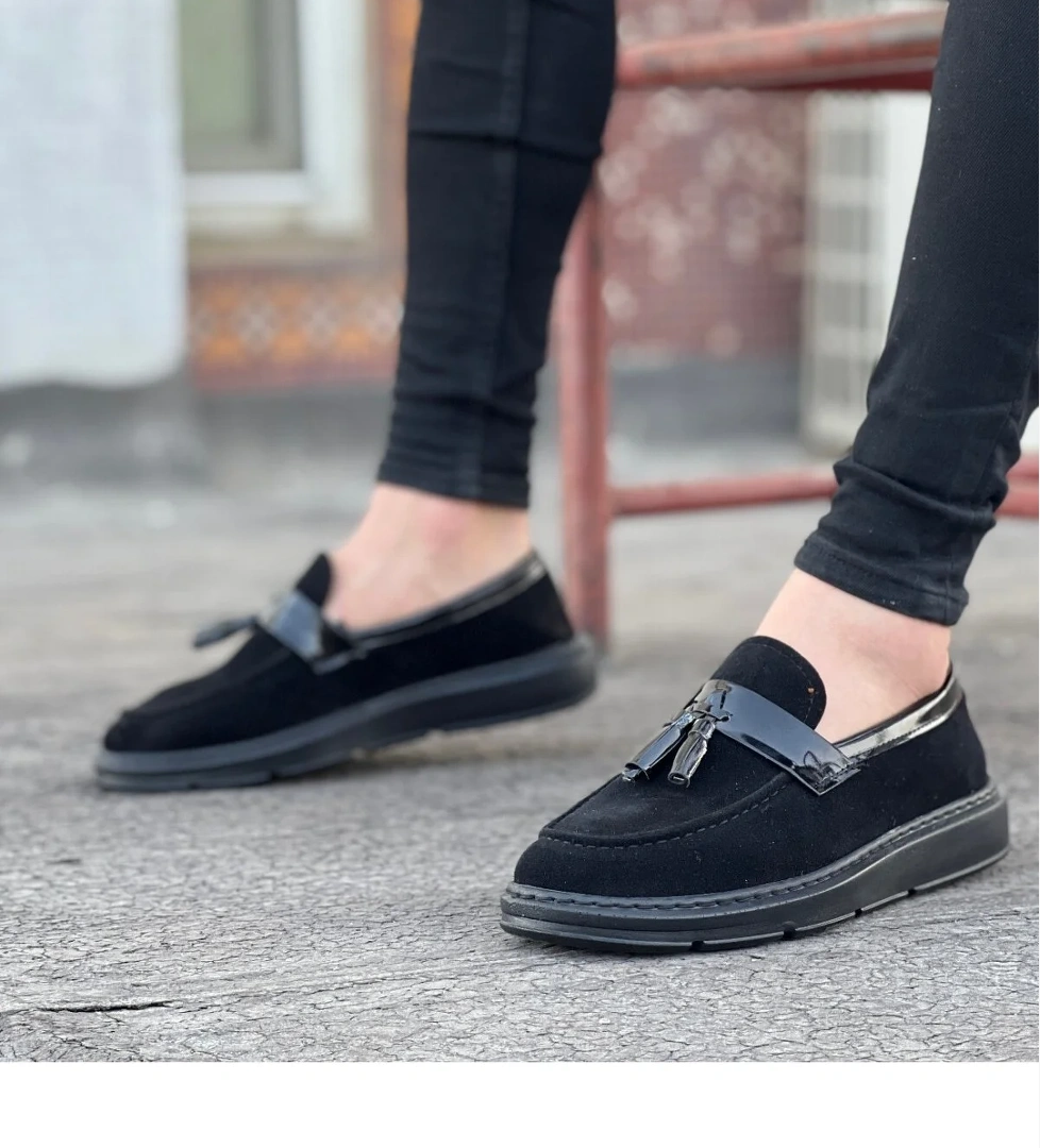 Pabucmarketi Bağcıksız Püsküllü Erkek Ayakkabı SİYAH SÜET (SİYAH TABAN) model görseli