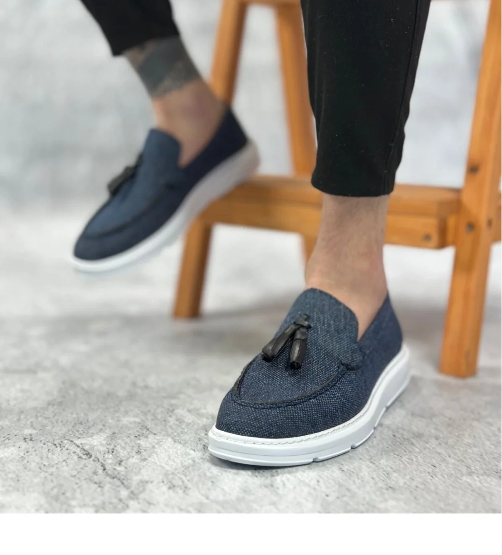 Pabucmarketi Bağcıksız Keten Püsküllü Erkek Ayakkabı LACİVERT (BEYAZ TABAN) model görseli