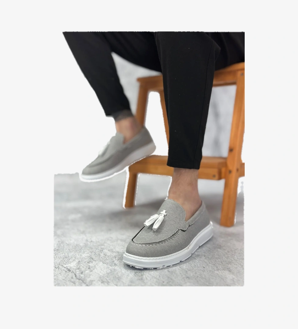 Pabucmarketi Bağcıksız Keten Püsküllü Erkek Klasik Ayakkabı FÜME (BEYAZ TABAN) model görseli