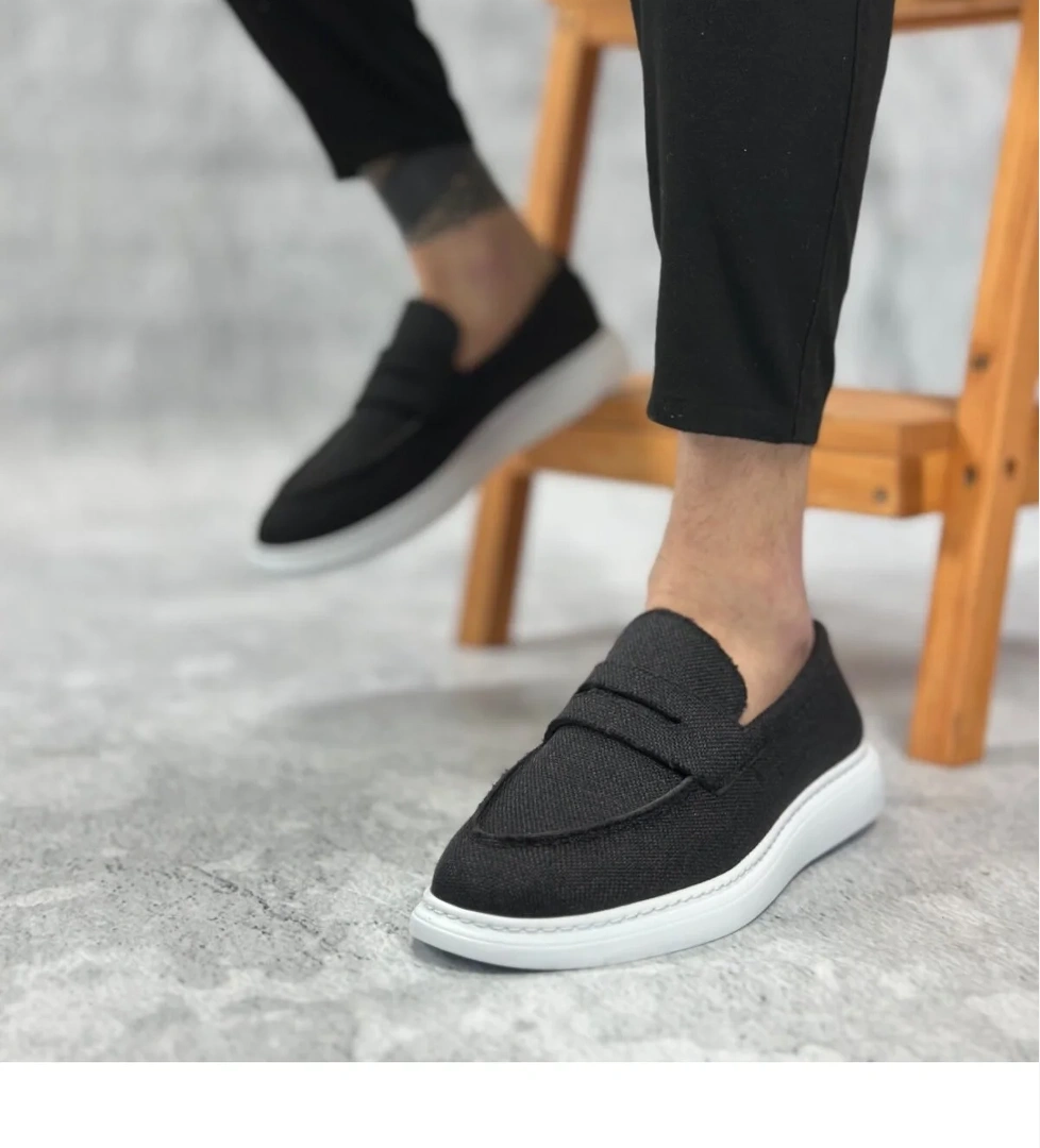 Pabucmarketi Bağcıksız Keten Erkek Ayakkabı SİYAH model görseli