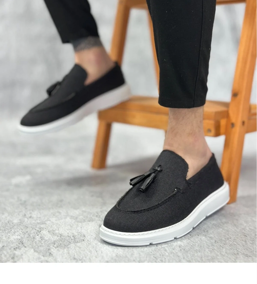 Pabucmarketi Bağcıksız Keten Püsküllü Erkek Klasik Ayakkabı SİYAH (BEYAZ TABAN) model görseli