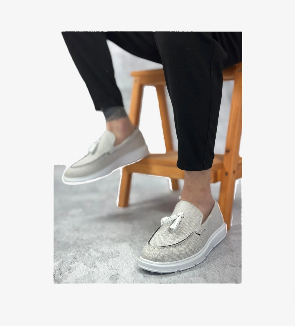 Bağcıksız Keten Püsküllü Erkek Klasik Ayakkabı GRİ (BEYAZ TABAN) - Görsel 1
