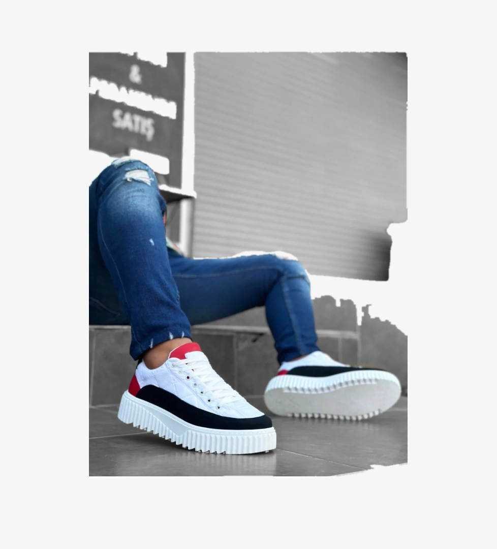 Pabucmarketi Bağcıklı Paraşüt Kumaş Erkek Spor Ayakkabı BEYAZ SİYAH KIRMIZI (BEYAZ TABAN) model görseli