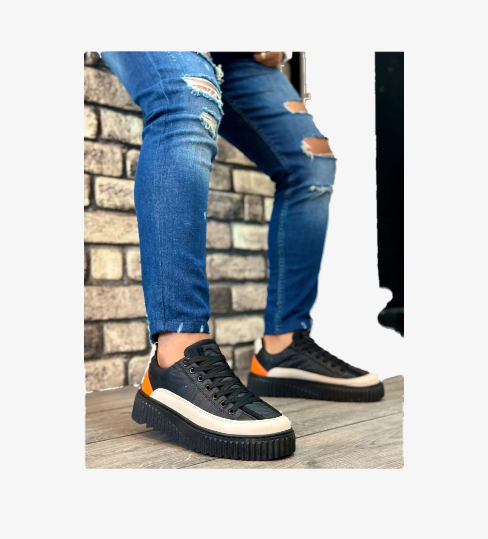 Pabucmarketi Bağcıklı Paraşüt Kumaş Erkek Spor Ayakkabı SİYAH KREM TURUNCU (SİYAH TABAN) model görseli