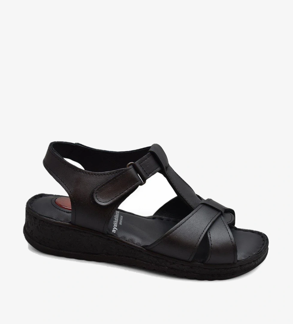 204 TAM ORTOPEDİK Hakiki Deri Kadın Sandalet Topuk Jel Taban Kadın Deri Sandalet