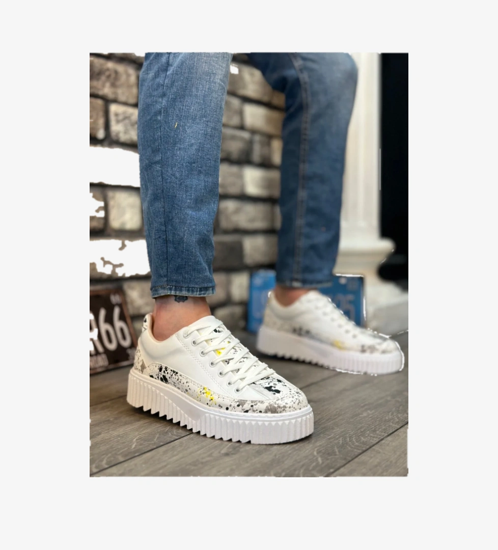 Pabucmarketi Bağcıklı Baskı Detaylı Erkek Spor Ayakkabı BEYAZ (BEYAZ TABAN) model görseli