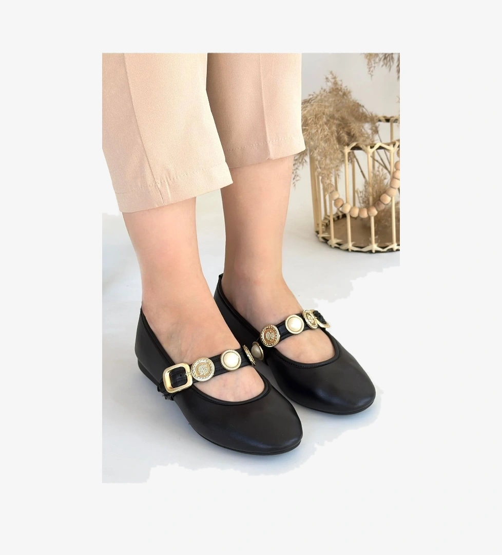 Siyah Suni Deri Kadın Babet Ayakkabı