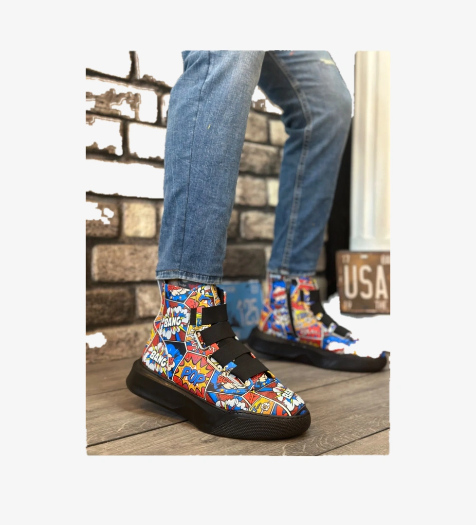 Pabucmarketi Bantlı Fermuarlı Erkek Spor Bot RENKLİ BASKILI (SİYAH TABAN) model görseli