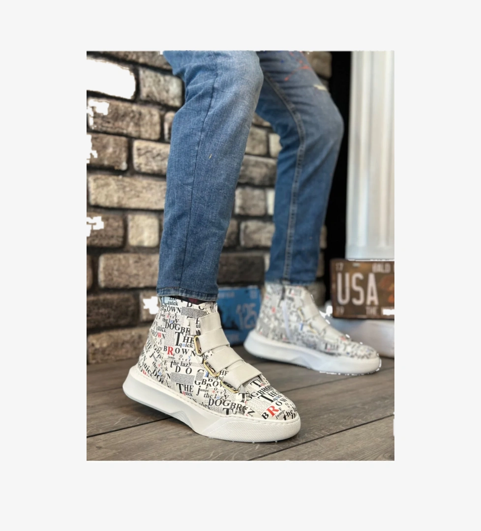 Bantlı Fermuarlı Erkek Spor Bot BEYAZ BASKILI (BEYAZ TABAN) - Görsel 1